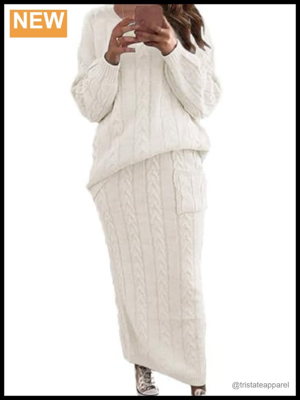 Cable Knit 2 Piece Sweater Set Long Sleeve Pullover & Pencil Skirt Women's